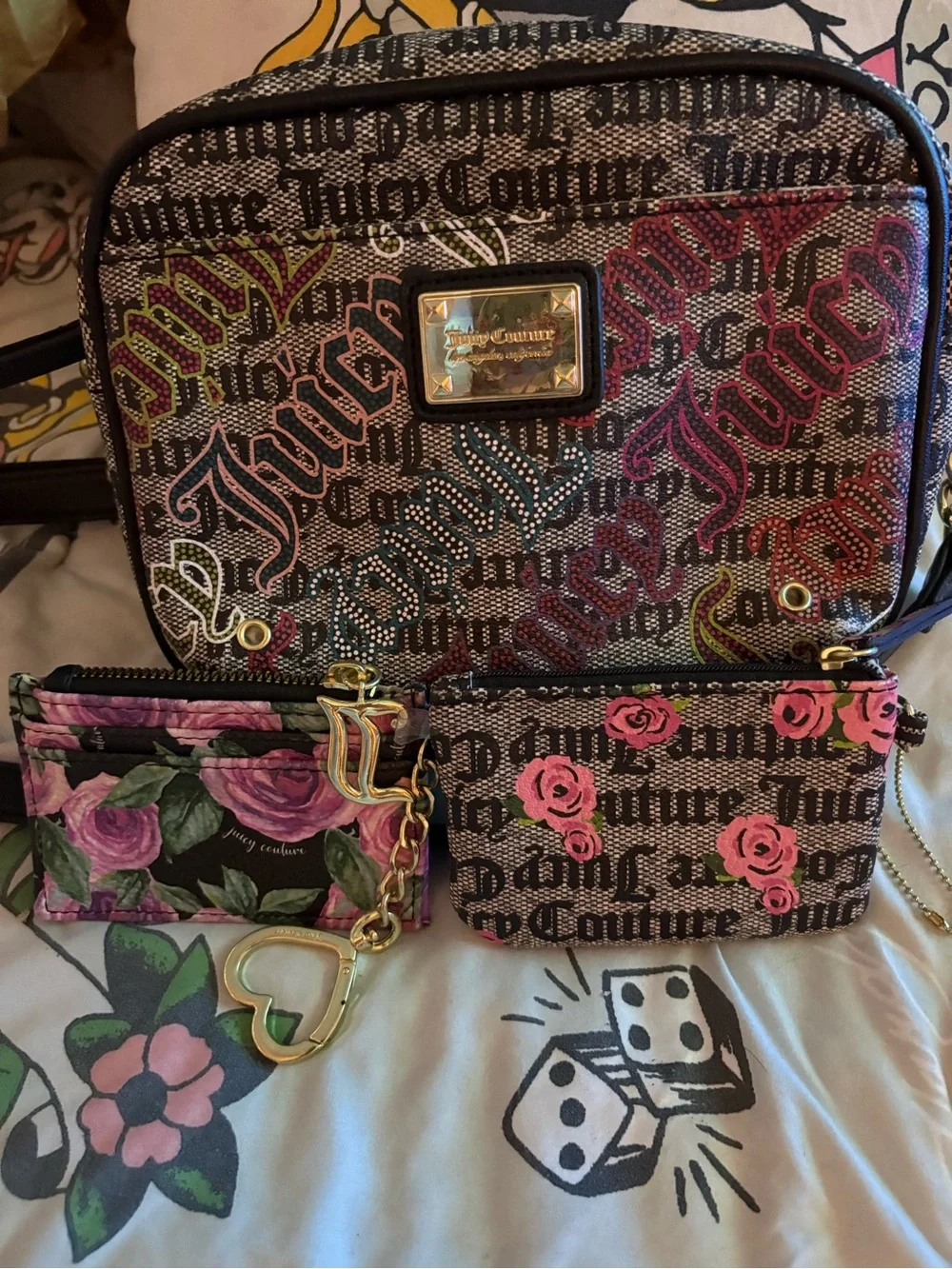 Juicy Couture Multicolor Logo & Pink Rose Crossbody with Coin Pouches